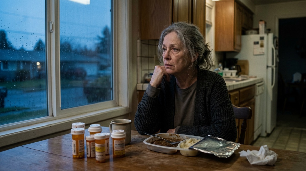 A tired woman alone at her kitchen table with pill bottles