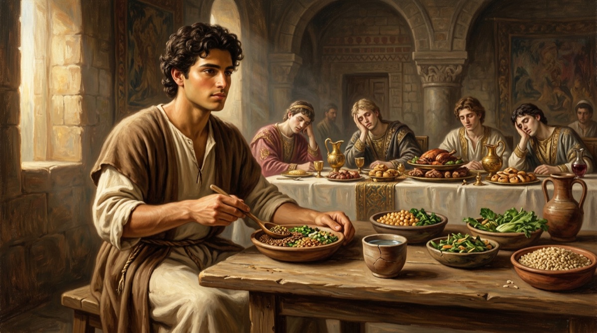 Young Daniel strong at a simple table while the king's men look pale