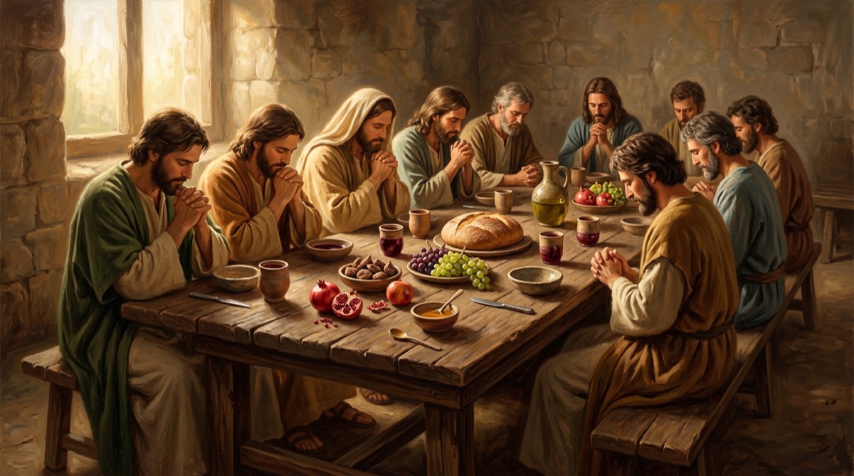 Believers giving thanks around a simple biblical table