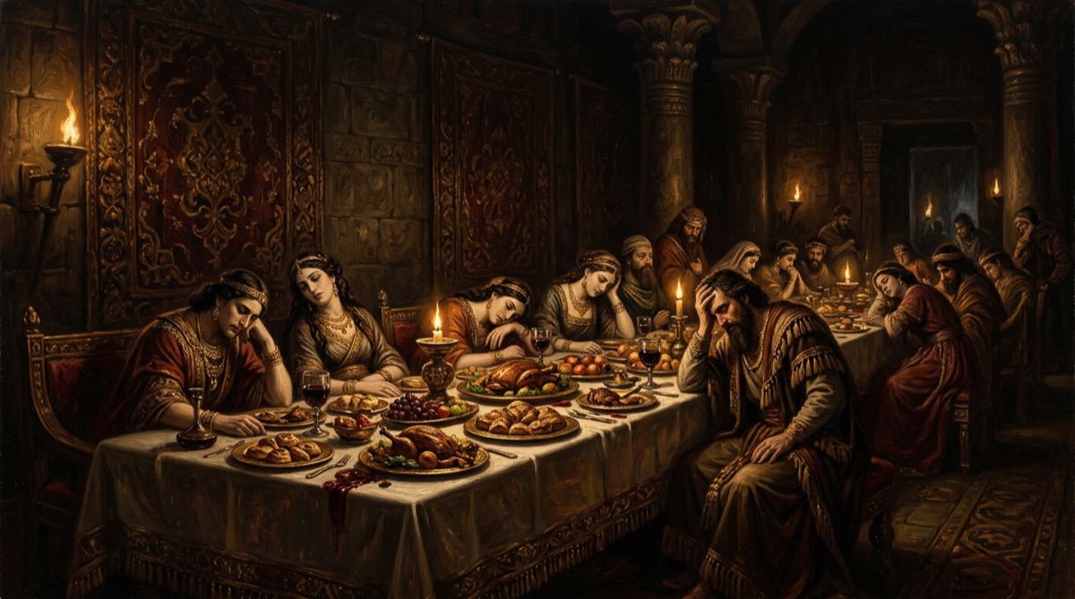 Exhausted guests slumped at a dark royal banquet