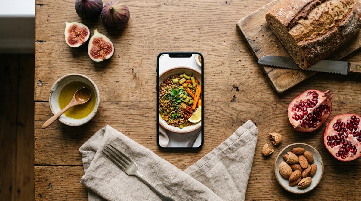 The Spiritual Diet on a phone surrounded by figs, bread and olive oil